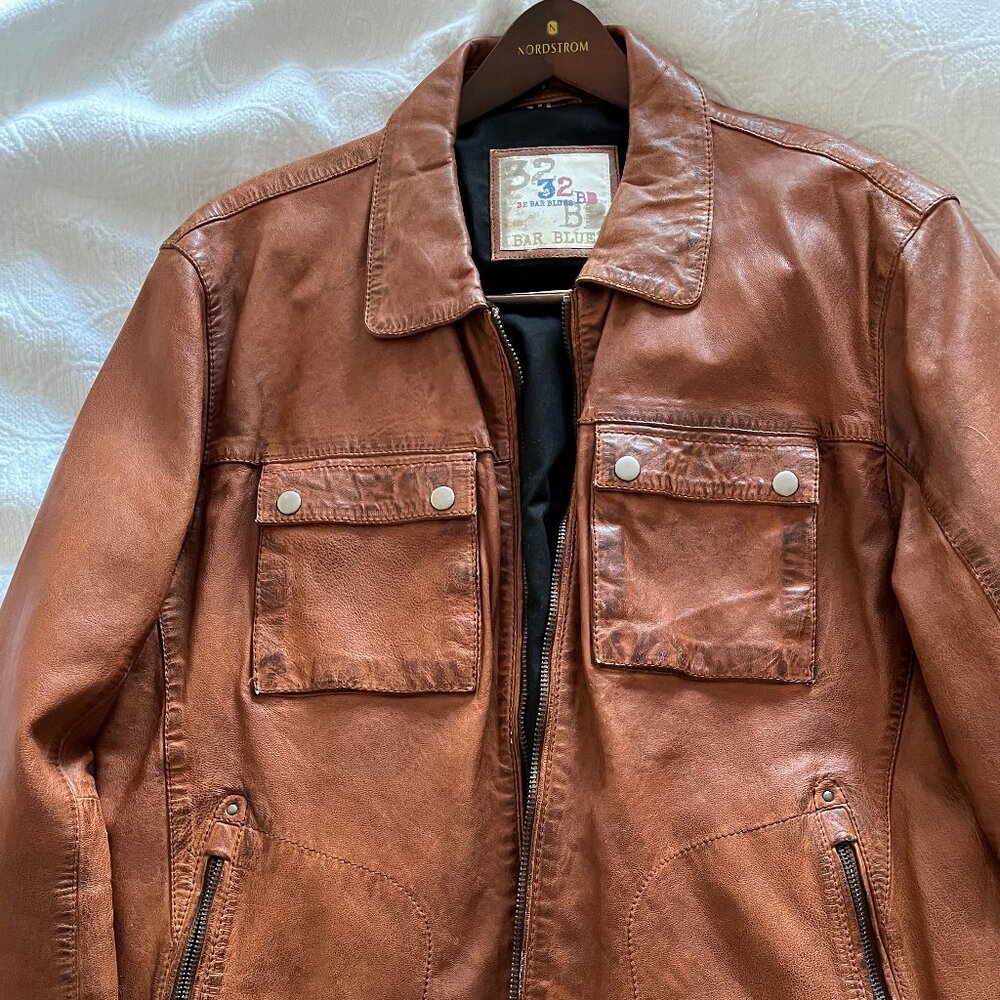 32 Bar Blues Men's Brown Genuine Leather Jacket Large - Picture 1 of 4